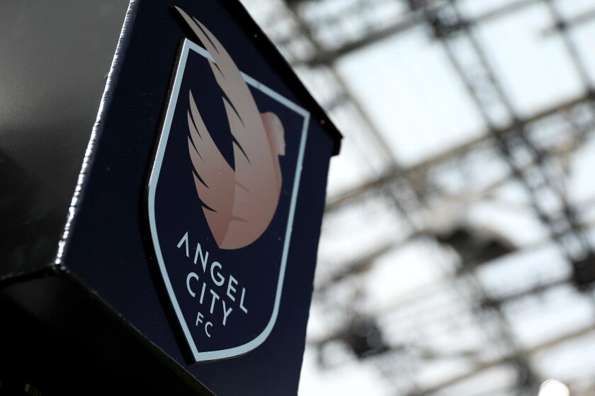 LOS ANGELES, CALIFORNIA - MAY 08: A general view of the Angel City FC logo.