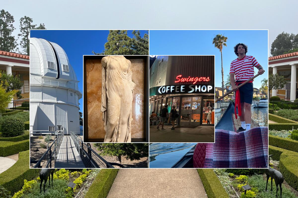 Photo collage of Getty Museum gardens, an Observatory, a statue of a nude woman, a gondolier and Swingers Coffee Shop