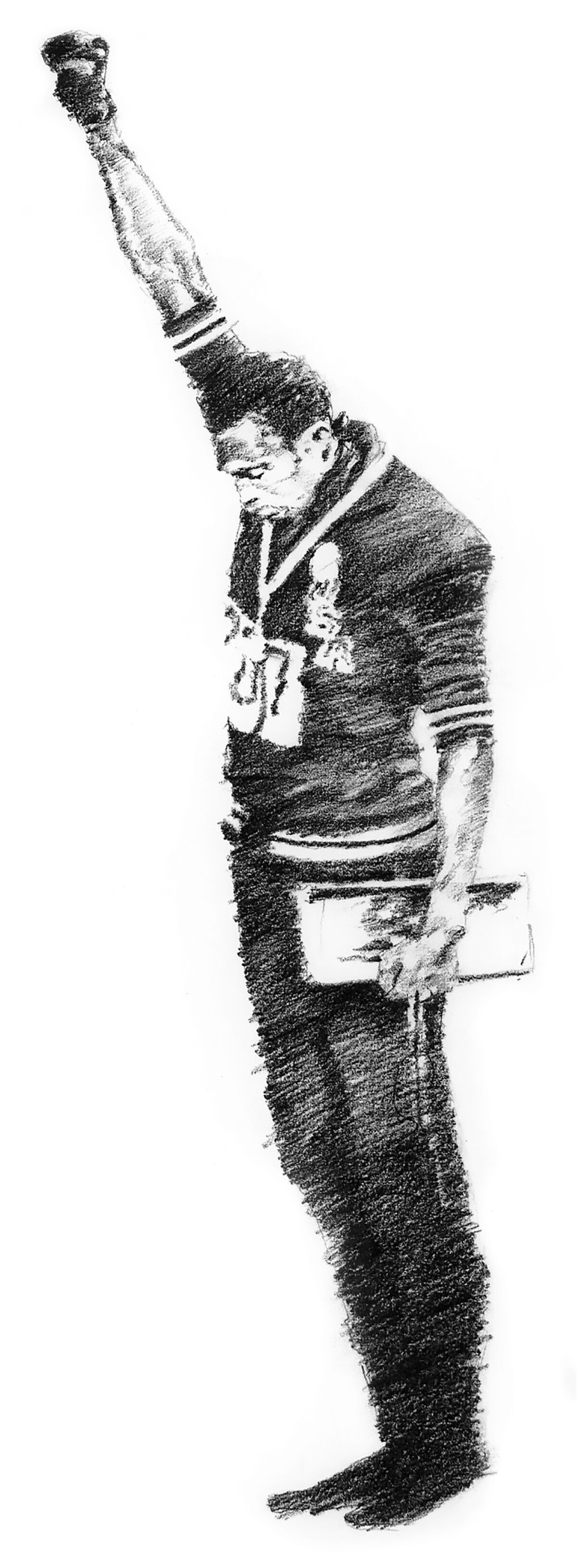 Study for Glenn Kaino's drawing "Salute," graphite on paper, 2014, depicting Tommie Smith's 1968 protest