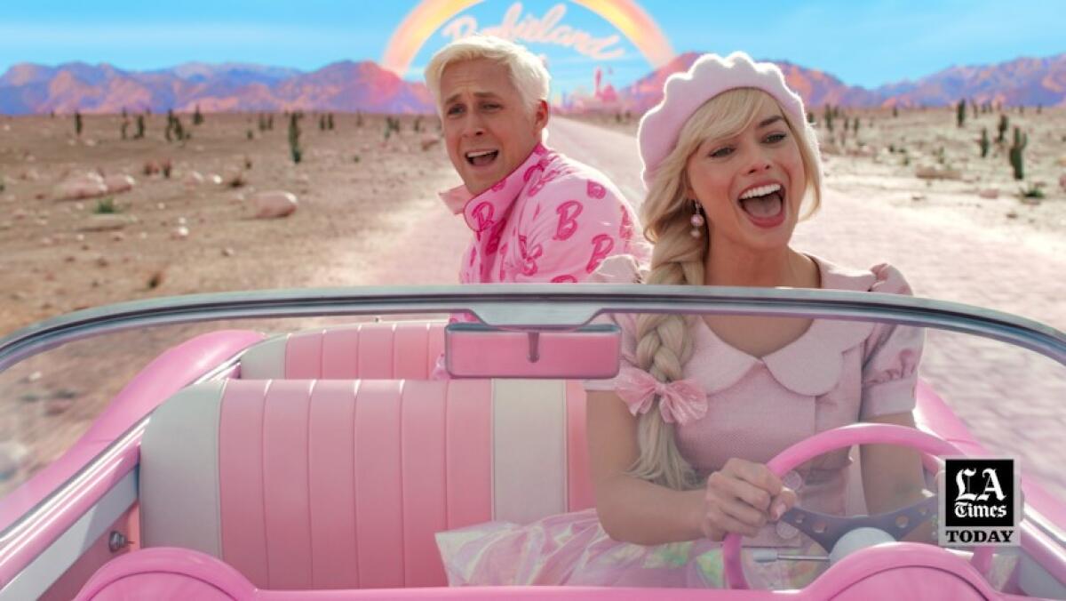 Ken and Barbie ride in a pink car.