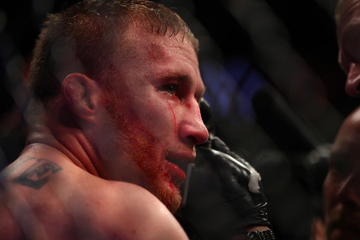 7DETROIT, MI - DECEMBER 02: Justin Gaethje looks on during his fight with Eddie Alvarez during UFC 218 at Little Ceasars Arena on December 2, 2018 in Detroit, Michigan. (Photo by Gregory Shamus/Getty Images)
