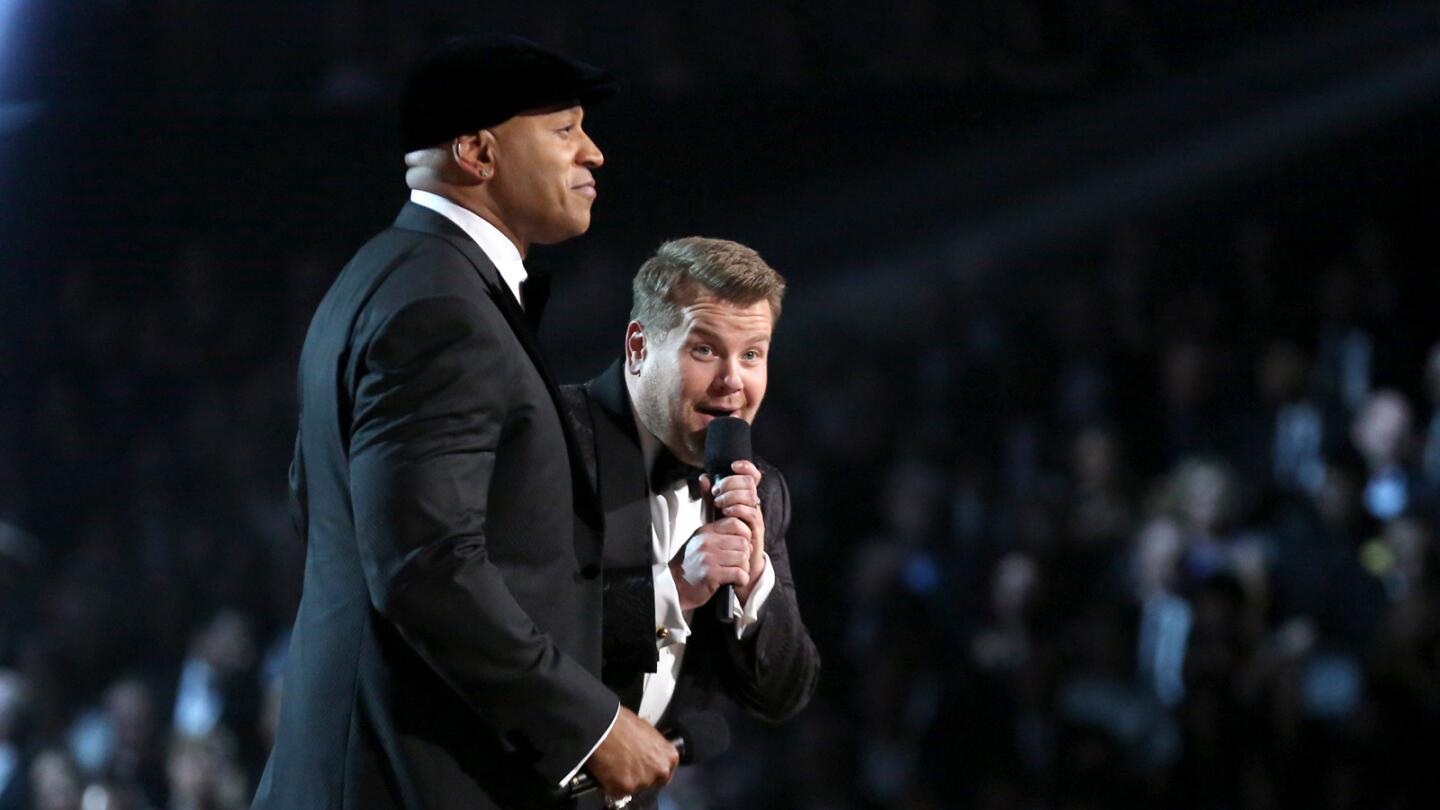 LL Cool J, left, and James Corden introduce a tribute to Lionel Richie.