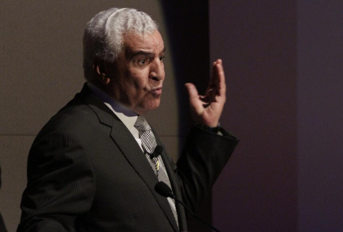Egyptian archaeologist Zahi Hawass, pictured in a 2014 lecture at the Bowers Museum in Santa Ana, says protecting ancient sites in Iraq from Islamic State needs to be a military priority.