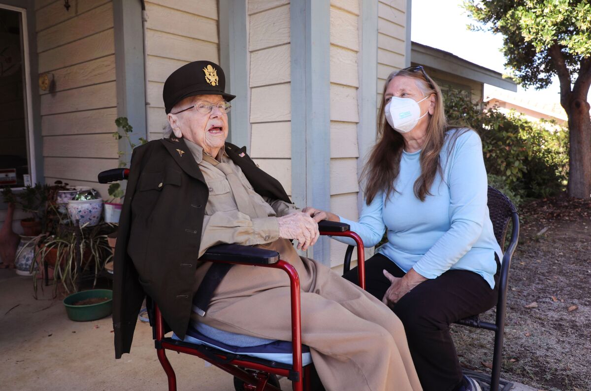 World War II veteran Betty Gilby visits with her daughter Joanne Gilby at Betty's Fallbrook home.  