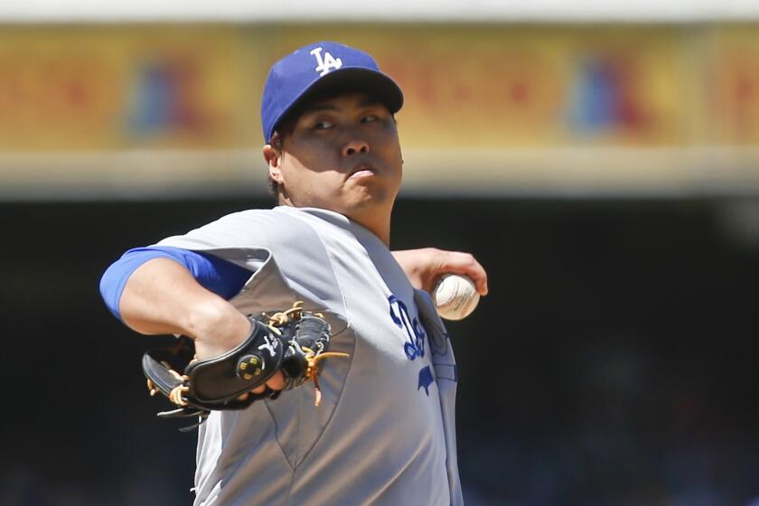 Left-hander Hyun-Jin Ryu will undergo an MRI exam on Monday after suffering an irritated left shoulder and leaving the Dodgers' 9-0 loss Friday to the Giants in the first inning.