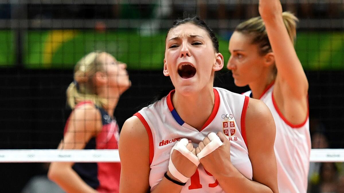 Tijana Boskovic reacts after Serbia scores a point against the United States in a women's volleyball semifinal Thursday.