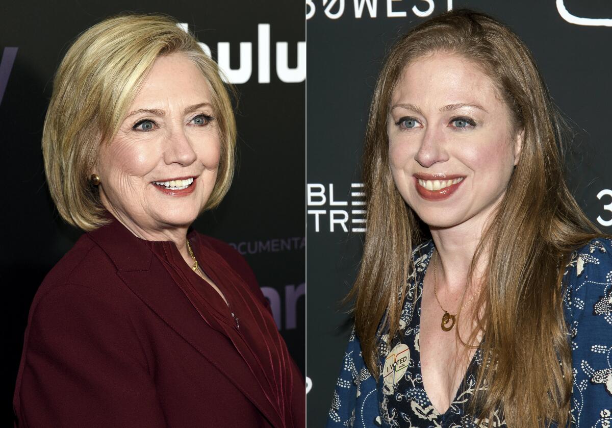 Former secretary of state Hillary Clinton attends the premiere of the Hulu documentary "Hillary" in New York o March 4, 2020, left, and Chelsea Clinton attends a screening of "Colette" in New York on Sept. 13, 2018. The Clintons will interview the likes of Kim Kardashian, Megan Thee Stallion and Gloria Steinem for a streaming series that debuts in two months. Apple TV said Thursday that “Gutsy” will debut on its service on Sept. 9. (Photos by Evan Agostini, left, and Charles Sykes/Invision/AP)