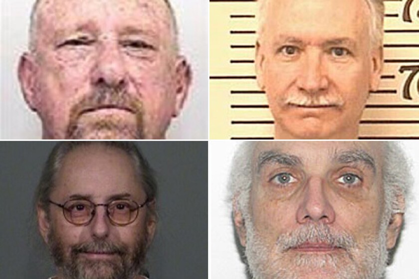 Clockwise from top left are Alan Dunlap, Floyd Slusher, Mark Bumgarner and Stephen Field. They are among the men about whom the Boy Scouts of America had received molestation allegations who nevertheless continued or regained involvement with the organization and were later convicted on abuse charges.
