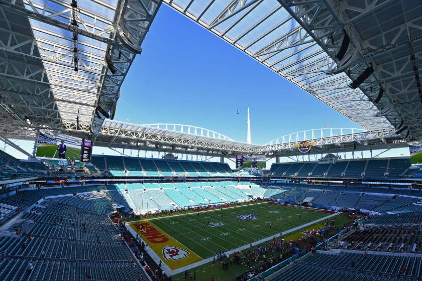 The Hard Rock Stadium is seen before the start of the Super Bowl LIV between the San Francisco 49ers and the Kansas City Chiefs in Miami, Florida on February 2, 2020. (Photo by Angela Weiss / AFP) (Photo by ANGELA WEISS/AFP via Getty Images)