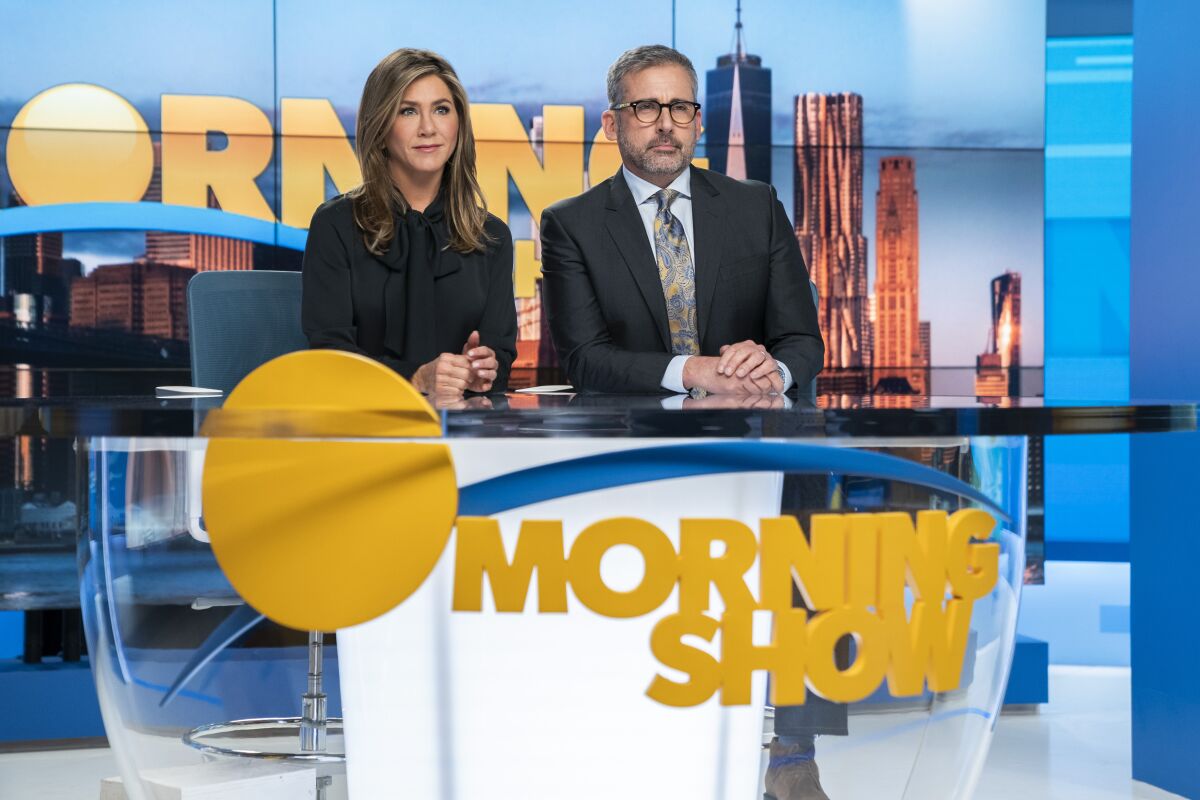 Jennifer Aniston and Steve Carell in "The Morning Show" on Apple TV+.