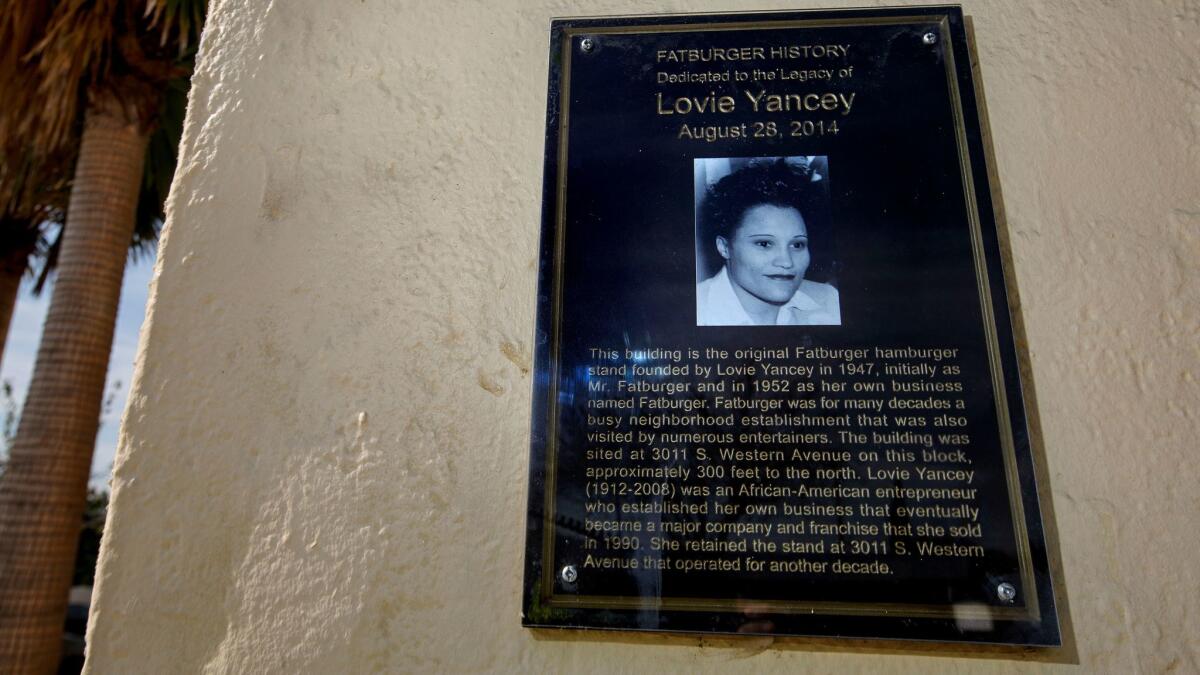 A commemorative plaque at the location of the original Fatburger on South Western Avenue honors founder Lovie Yancey.