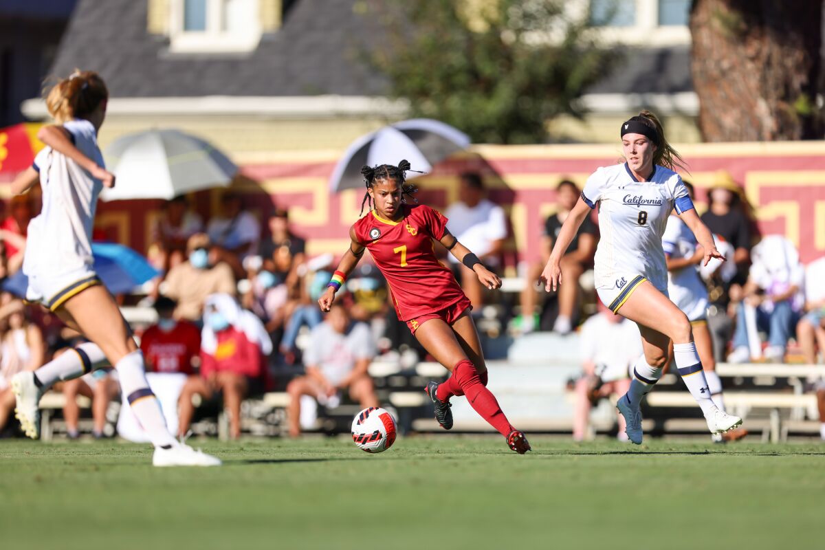 USC Soccer's Croix Bethune plays during a game against California on October 28, 2021.