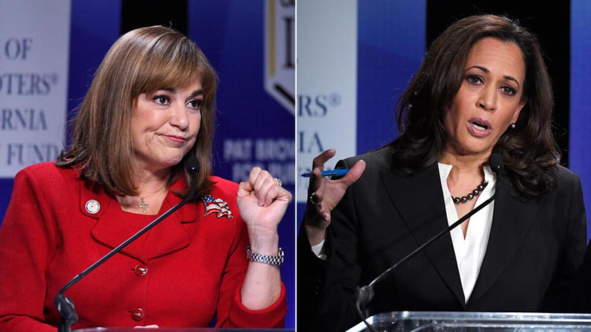 Rep. Loretta Sanchez, left, and California Atty. Gen. Kamala Harris in their Oct. 5 Senate debate at Cal State Los Angeles.
