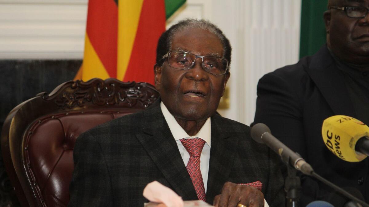 President Robert Mugabe addresses the nation at the State House in Harare, the capital of Zimbabwe, on Nov. 19, 2017.