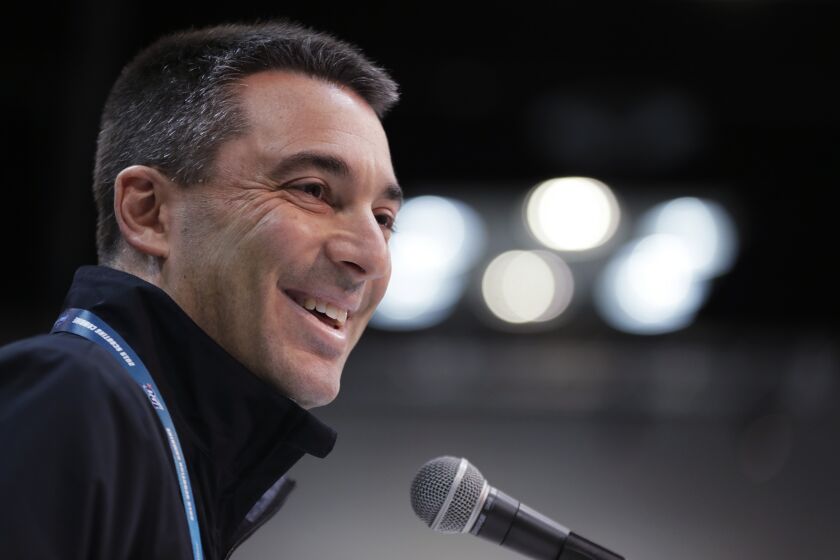FILE - In this Feb. 28, 2019, file photo, Los Angeles Chargers general manager Tom Telesco speaks during a news conference at the NFL football scouting combine in Indianapolis. The 2020 NFL Draft is April 23-25. (AP Photo/Michael Conroy, File)