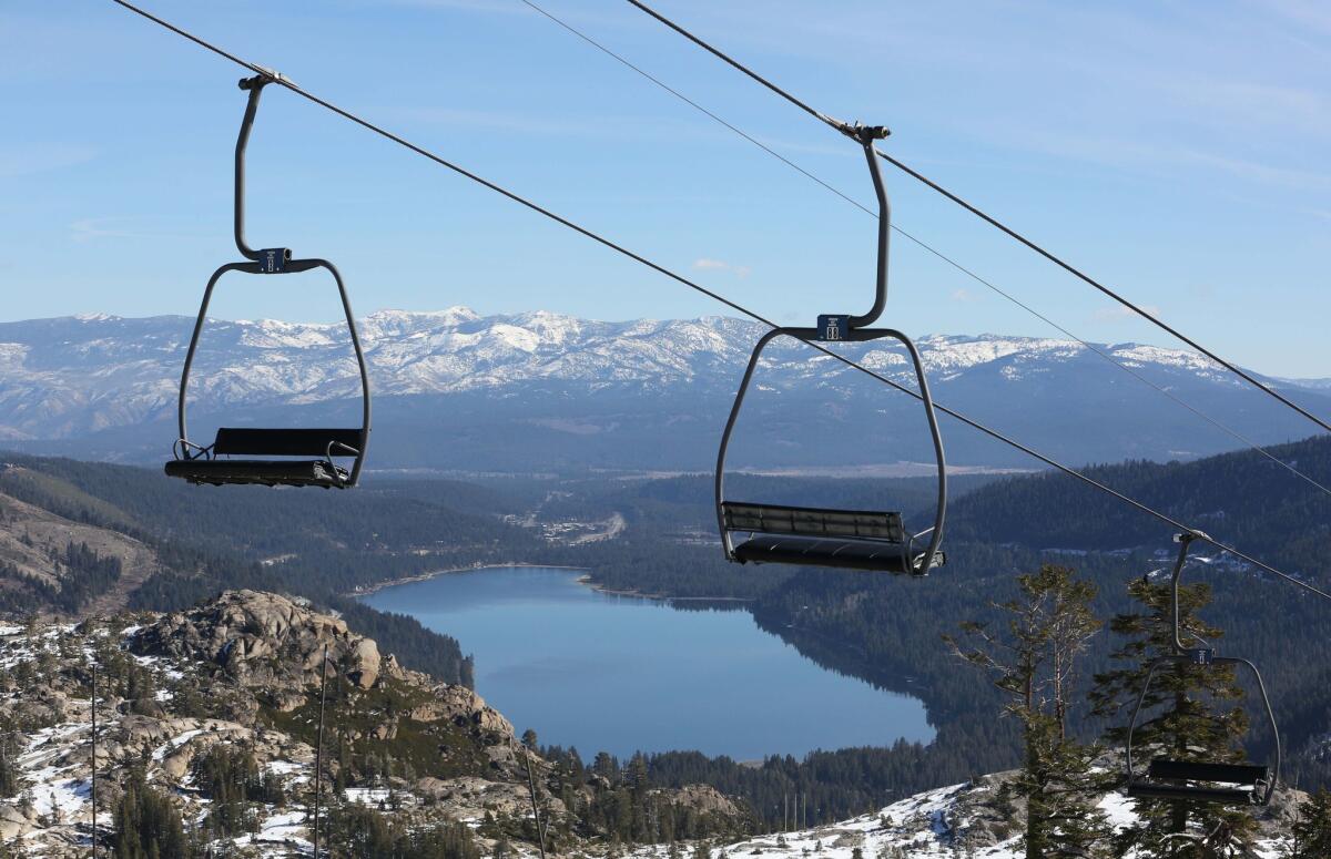 Ski lift chairs idle in the Sierra Nevada mountains in March. The drought has left little snow in the mountains, meaning less water for the state this year.