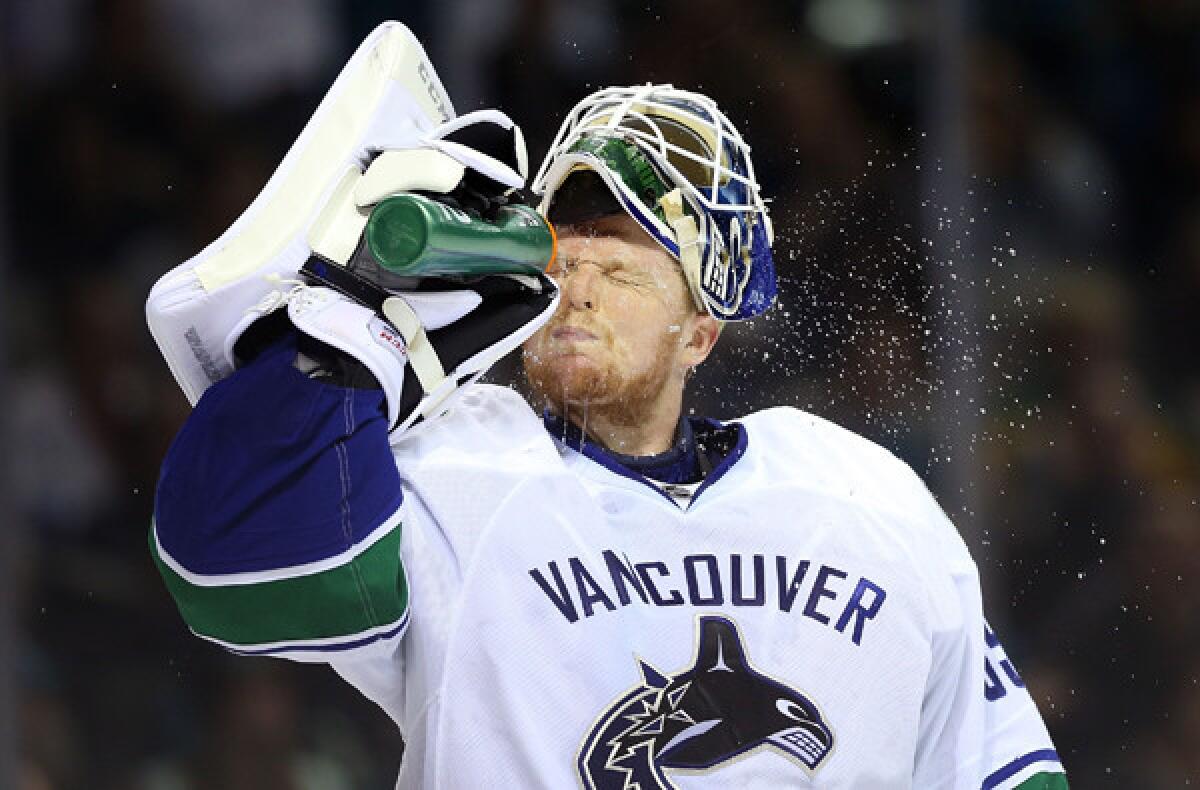 Goaltender Cory Schneider during a break in action in Game 4 of the Canucks' playoff series against the Sharks.