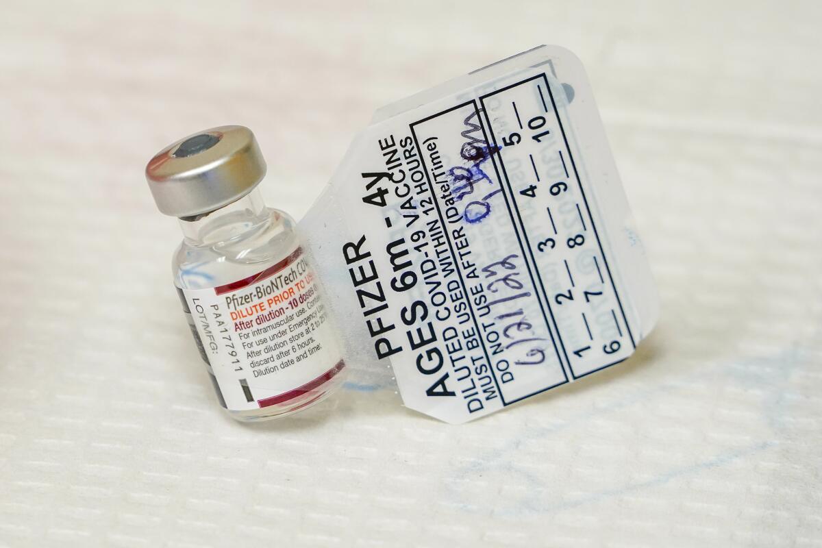 A vial of the Pfizer COVID-19 vaccine for children 6 months through 4 years old.
