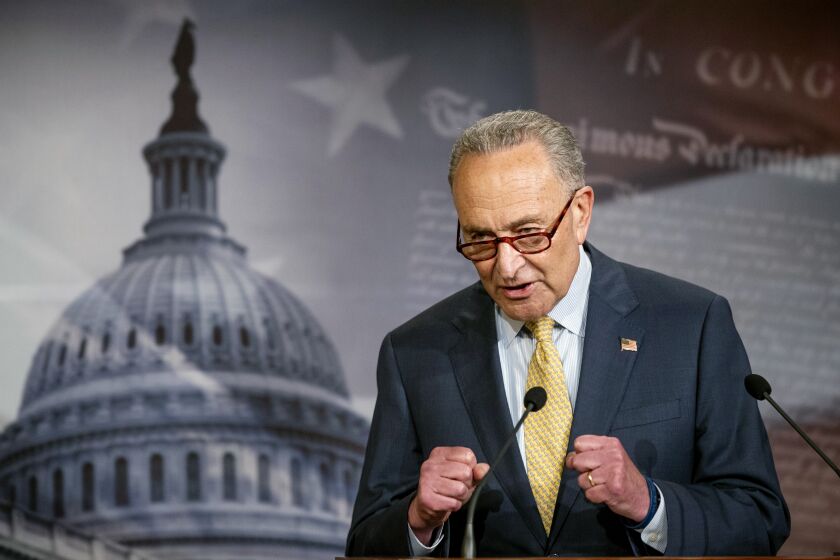 In this June 16, 2020 photo, Senate Majority Leader Chuck Schumer of N.Y., speaks during a news conference on Capitol Hill in Washington. (AP Photo/Manuel Balce Ceneta)