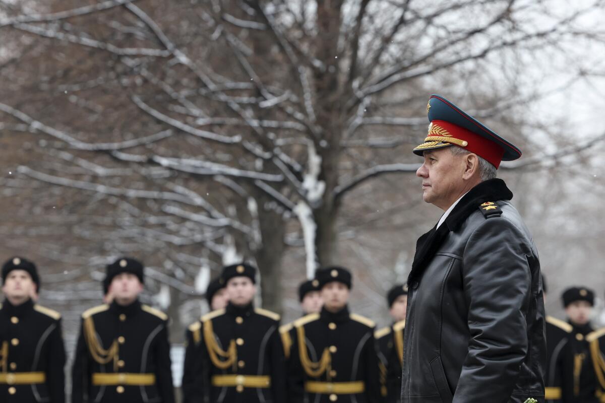 Russian Defense Minister Sergei Shoigu takes part in a wreath laying ceremony.