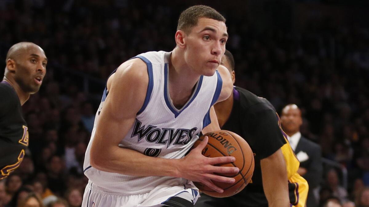 Minnesota Timberwolves guard Zach LaVine drives to the basket during a win over the Lakers on Nov. 28.