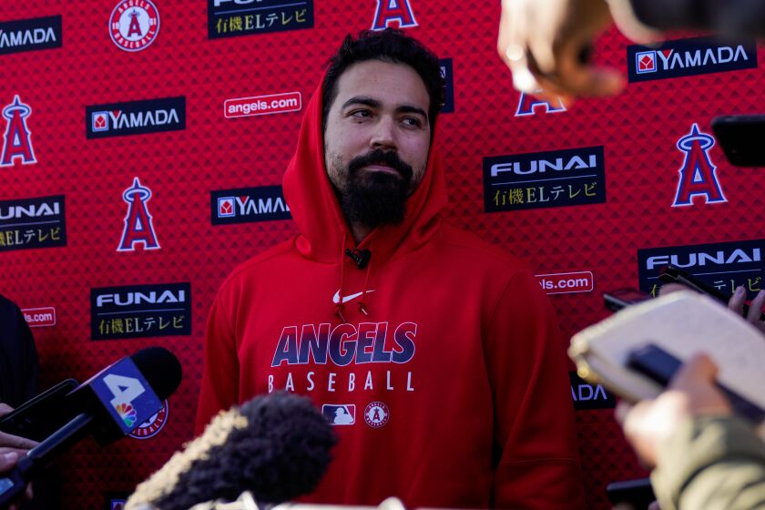 TEMPE, ARIZ. - FEBRUARY 17: Los Angeles Angels Anthony Rendon (6) speaks with members of the media at Tempe Diablo Stadium on Monday, Feb. 17, 2020 in Tempe, Ariz. (Kent Nishimura / Los Angeles Times)