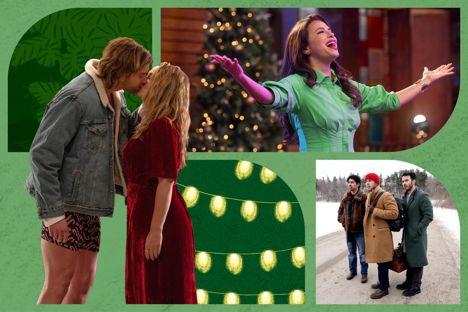 Photo illustration of Pierson Fodé and Alicia Silverstone, Joe, Nick and Kevin Jonas, Eva Longoria.