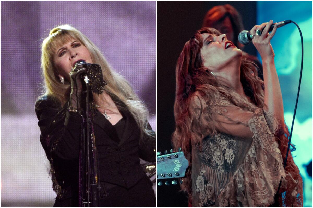 A split image of Stevie Nicks singing into a microphone and Riley Keough singing into a microphone.