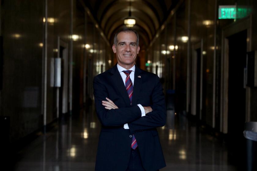 LOS ANGELES, CA - JULY 09: Los Angeles Mayor Eric Garcetti was selected by President Joe Biden as his nomination for U.S. Ambassador to India, pending Senate confirmation, at City Hall on Friday, July 9, 2021 in Los Angeles, CA. (Gary Coronado / Los Angeles Times)