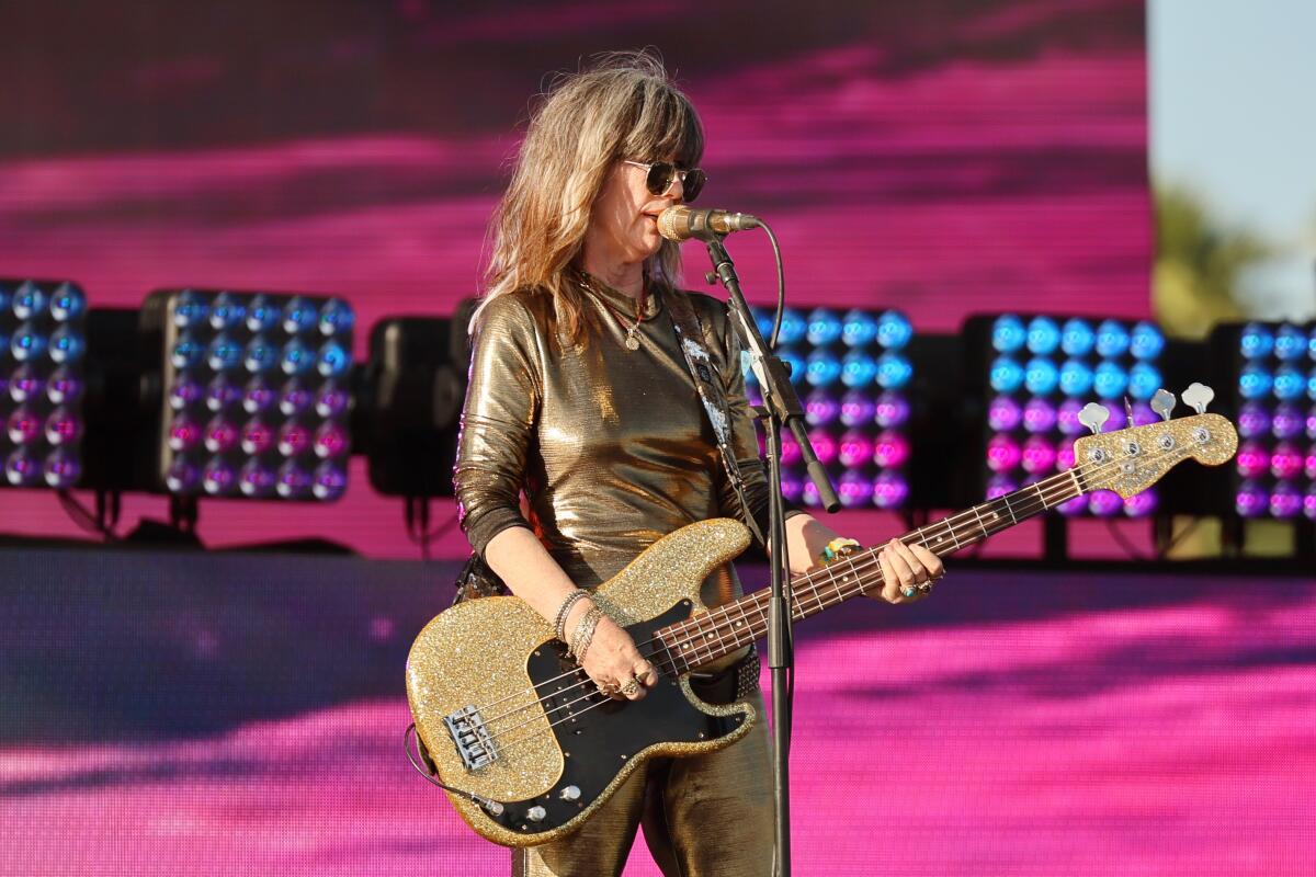 Indio, CA. April 11, 2025 - Kathy Valentine of the Go-Go's astatine the 2025 Coachella successful Indio, CA connected Friday, April 11, 2025. (Allen J. Schaben / Los Angeles Times)