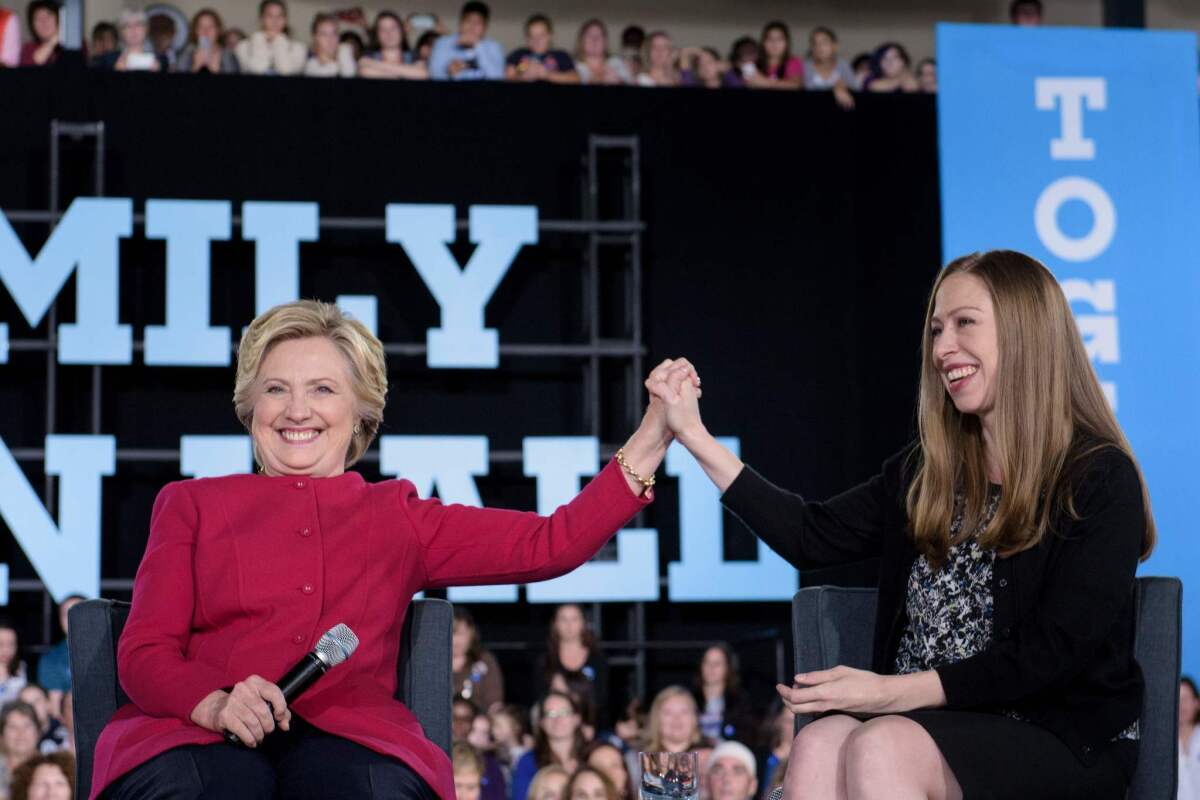 Hillary Clinton and daughter Chelsea at a town hall in Haverford, Pa.