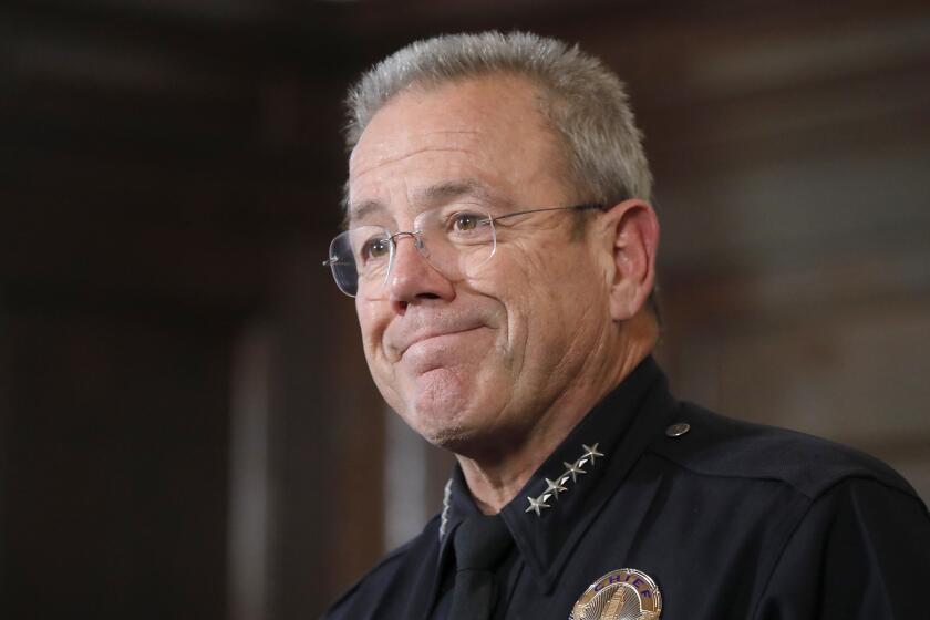 Los Angeles, CA - dLos Angeles Police Department Chief Michel Moore announces his retirement at a press conference with Los Angeles Mayor Karen Bass at L.A. City Hall on Friday, Jan. 12, 2024. (photographer / Los Angeles Times)