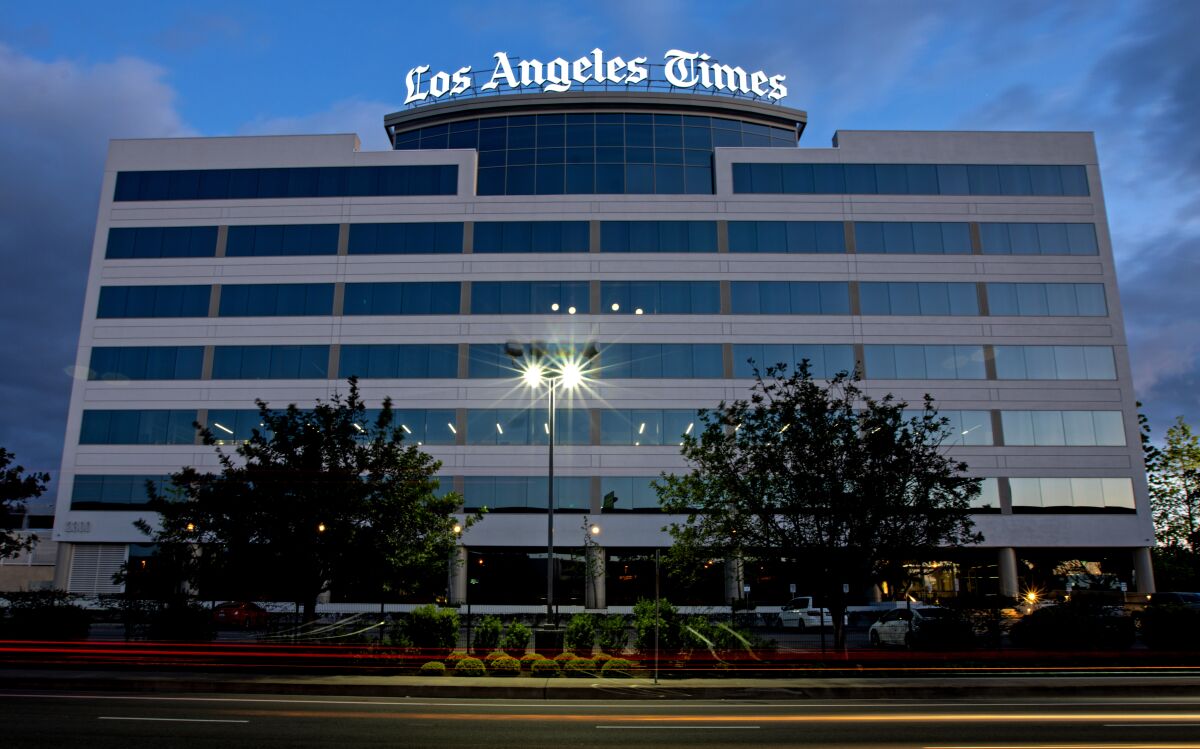 The Los Angeles Times building and newsroom along Imperial Highway on Friday, April 17, 2020 in El Segundo, CA