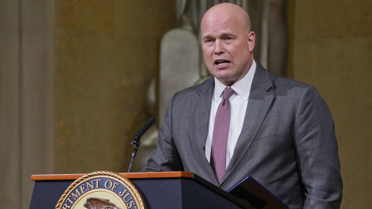 Acting Atty. Gen. Matthew Whitaker speaks at the Department of Justice's Annual Veterans Appreciation Day Ceremony on Nov. 15 at the Justice Department in Washington, D.C.