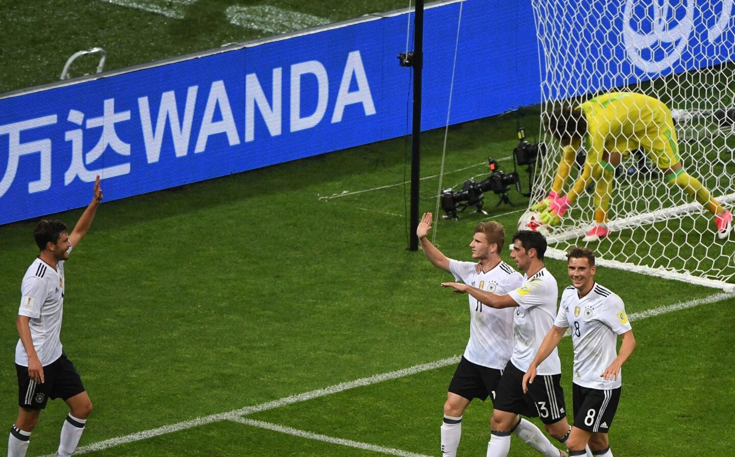 Germany's forward Timo Werner (2R) celebrate with team mates after scoring during the 2017 Confederations Cup semi-final football match between Germany and Mexico at the Fisht Stadium in Sochi on June 29, 2017. / AFP PHOTO / Patrik STOLLARZPATRIK STOLLARZ/AFP/Getty Images ** OUTS - ELSENT, FPG, CM - OUTS * NM, PH, VA if sourced by CT, LA or MoD **