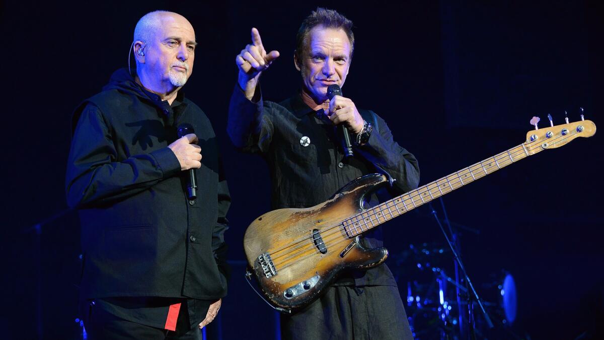 Peter Gabriel, left, and Sting, seen here in Columbus, Ohio, performed the first of two shows at the Hollywood Bowl on Sunday evening.