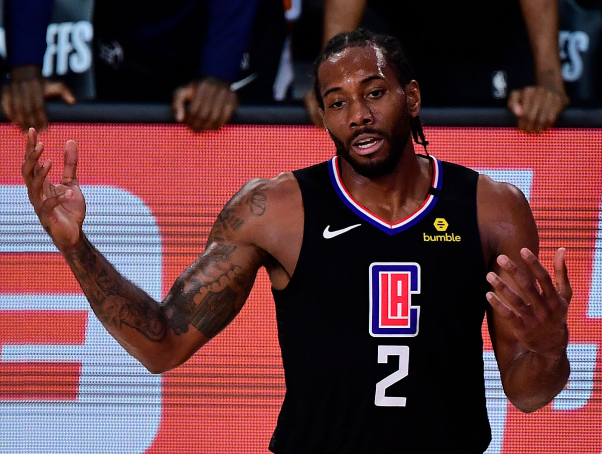 Clippers star Kawhi Leonard reacts during the team's season-ending loss to the Denver Nuggets.