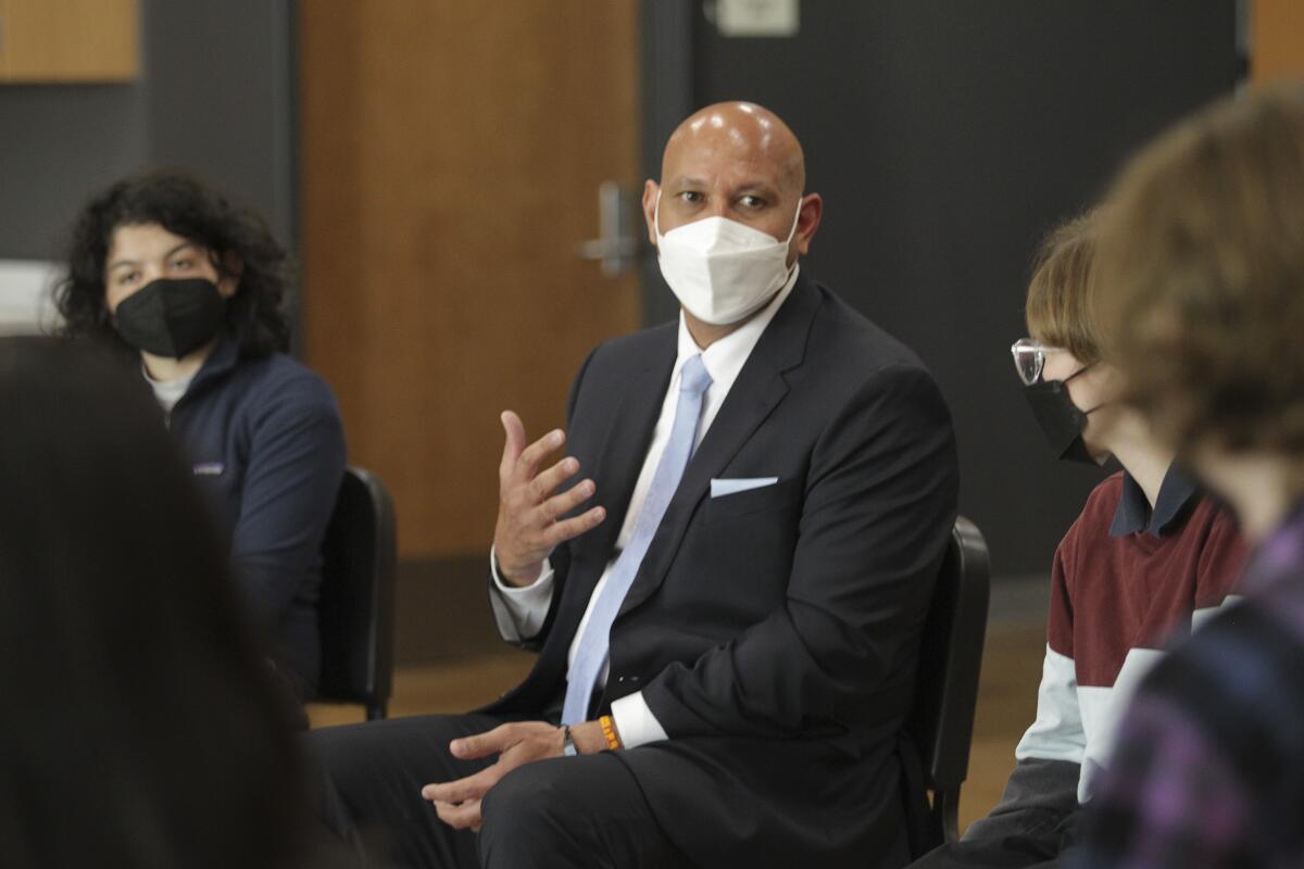Potential San Diego Unified superintendent Lamont Jackson speaks at a public forum Feb. 26.