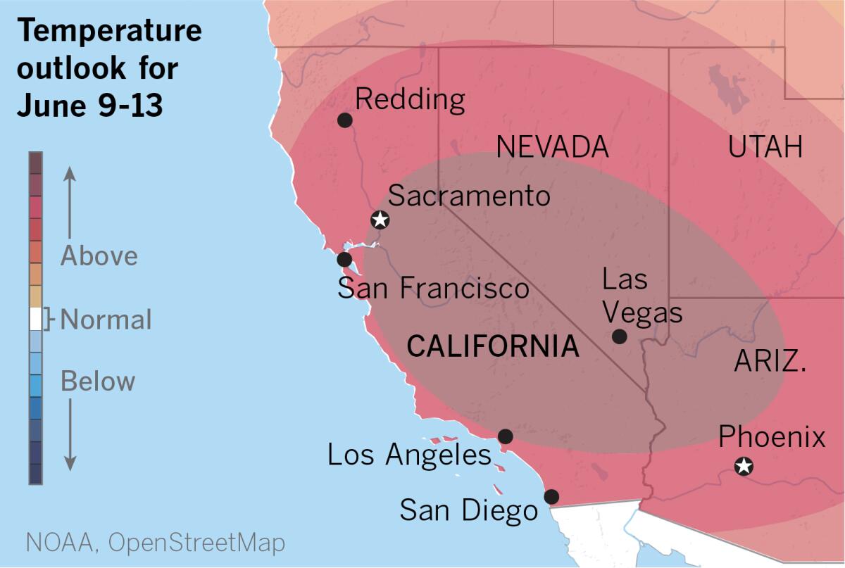 Map showing above-normal temperatures in California and the Southwest for June 9-13.