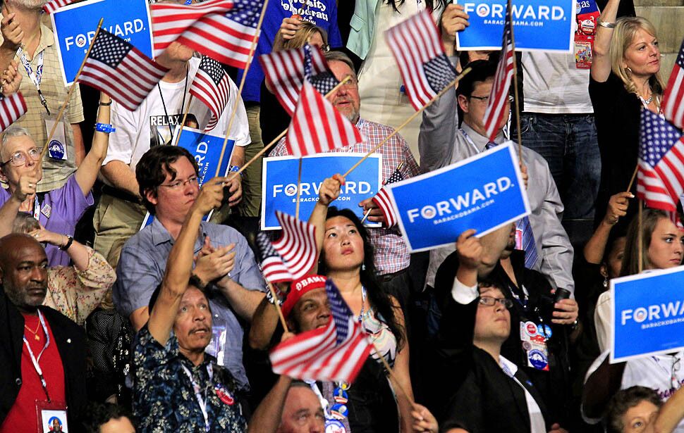 Delegates cheer President Obama at the Democratic National Convention.