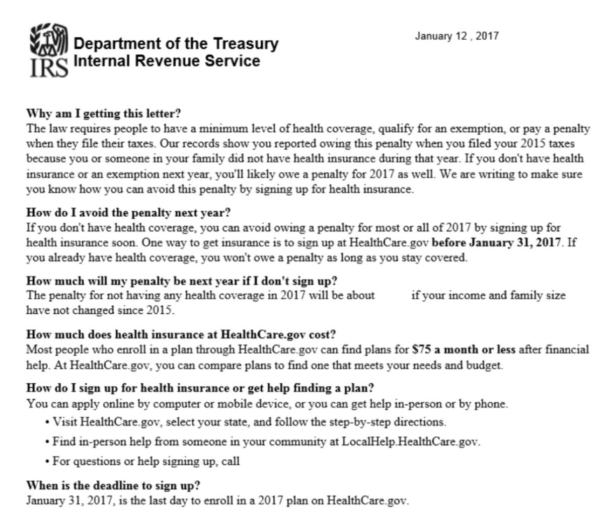 Letters like this went out in 2017 to millions of households that had incurred an individual mandate penalty in 2016.