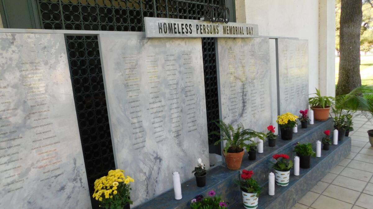 A memorial at Anaheim Cemetery for the homeless who died in Orange County in 2020.