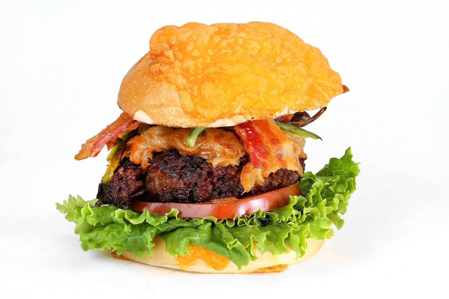 Fried serrano chile, jalapenos, habanero relish and more in the H-Bomb Burger.