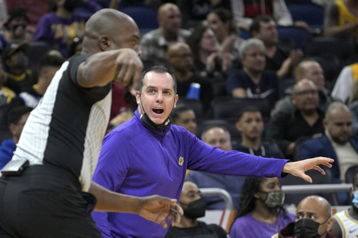 Lakers coach Frank Vogel argues after a point with official Courtney Kirkland.