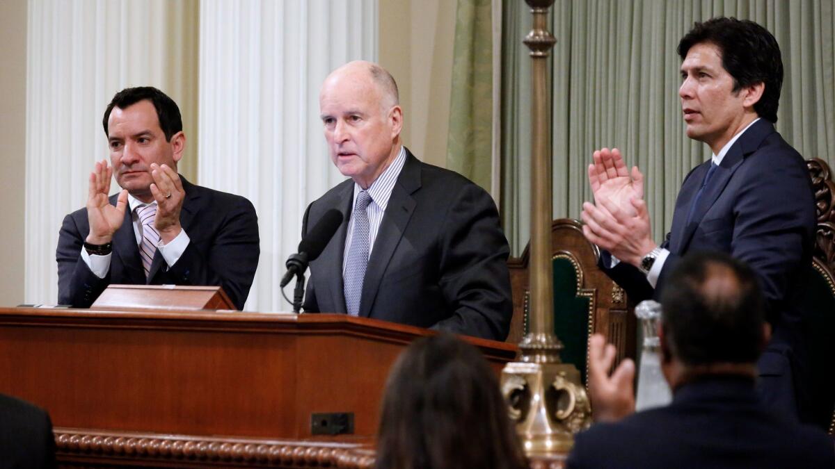 Gov. Jerry Brown, shown with Assembly Speaker Anthony Rendon (D-Paramount), left, and Senate President Pro Tem Kevin de León (D-Los Angeles) at his 2017 State of the State speech.