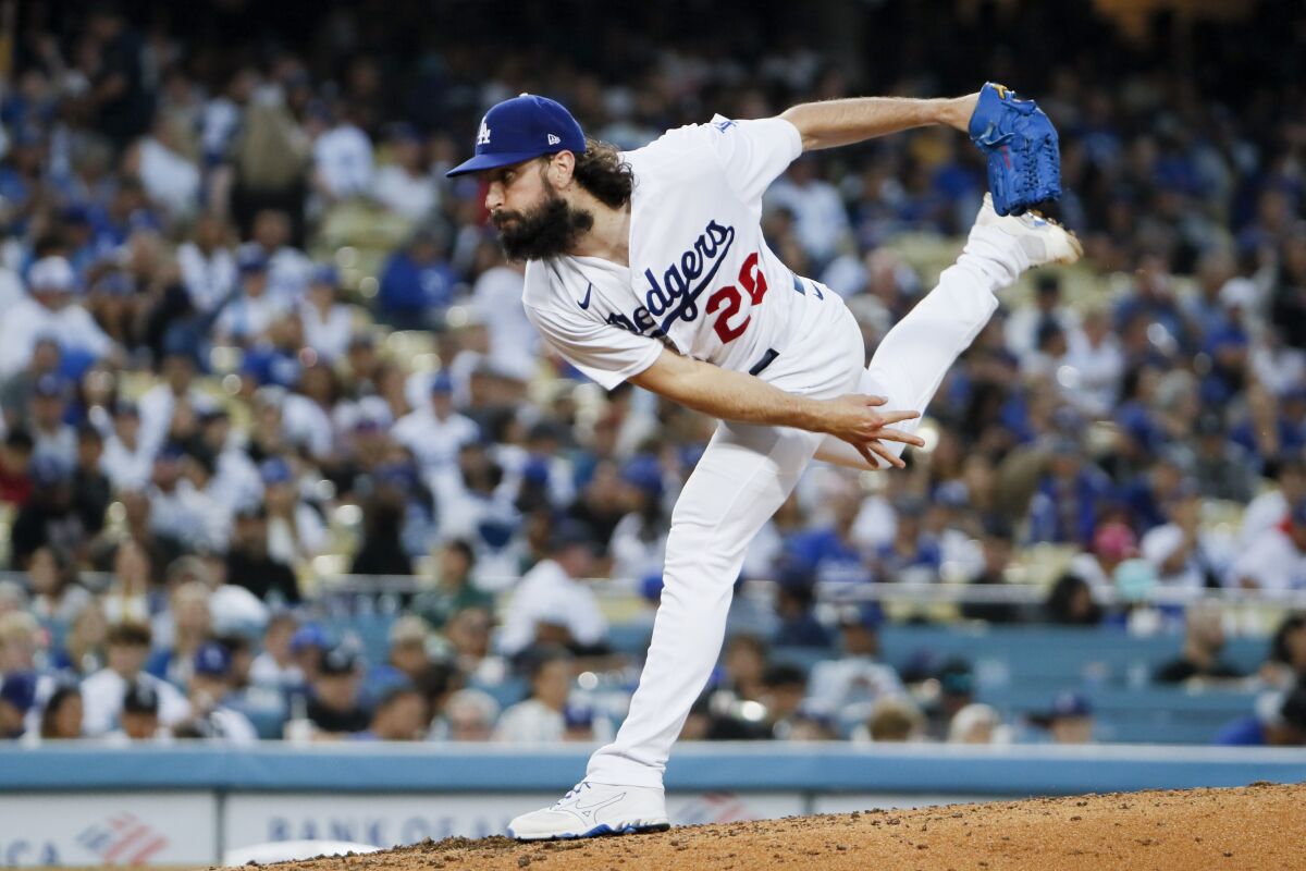 Dodgers starting pitcher Tony Gonsolin delivers a throw against the Chicago Cubs on Thursday at Dodger Stadium.