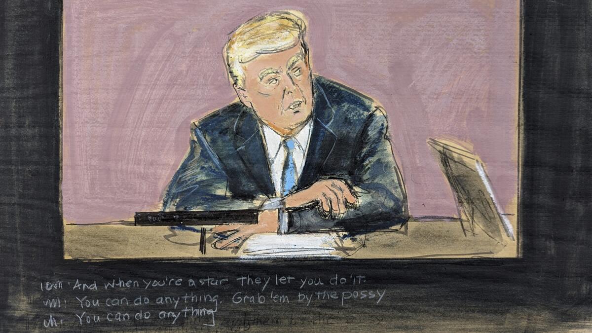 A courtroom sketch of Donald Trump appearing in a video of his deposition.