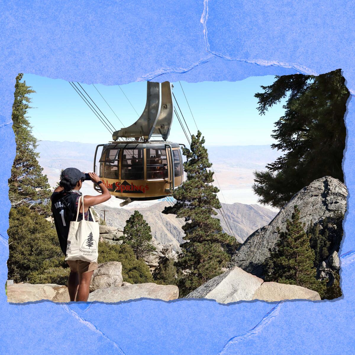 Amid mountain scenery, a person with a bag on their shoulder takes a photo of a tram.