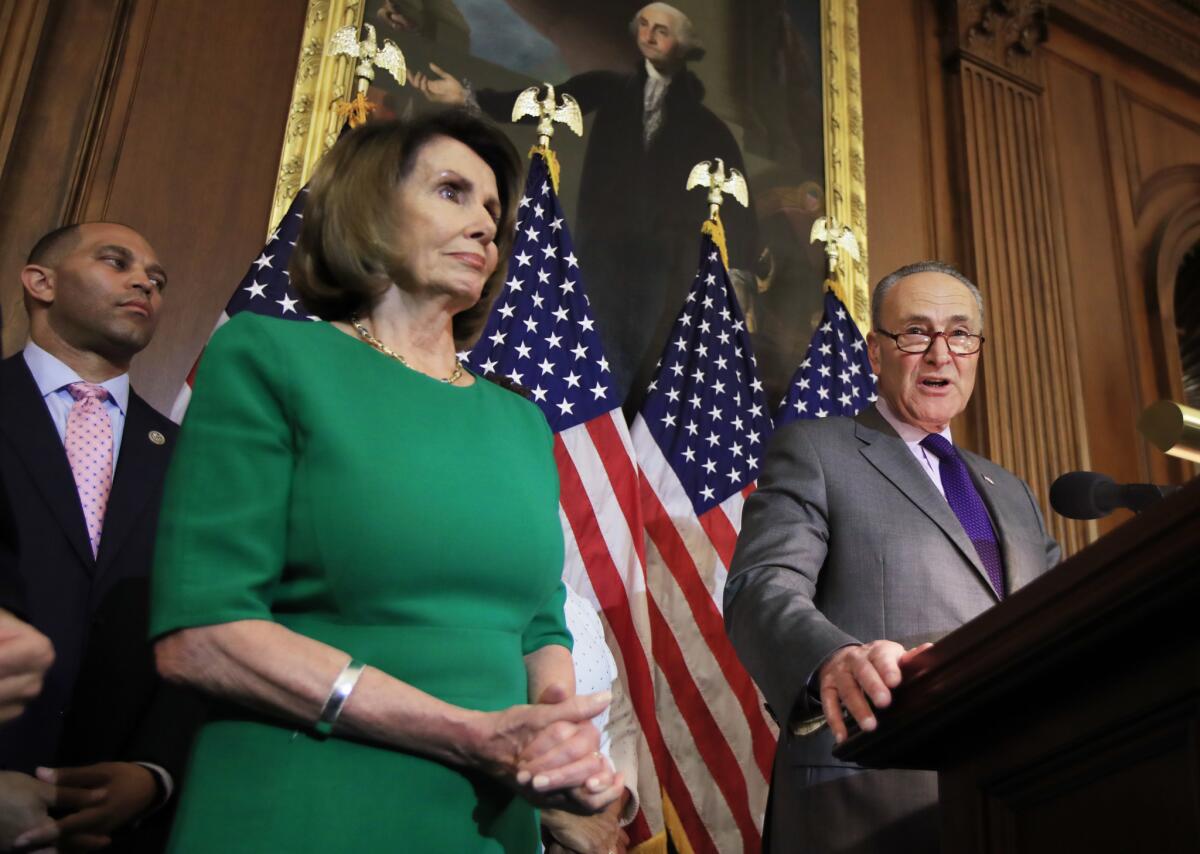 House Minority Leader Nancy Pelosi (D-San Francisco) and Senate Minority Leader Charles E. Schumer (D-N.Y.) on Capitol Hill.
