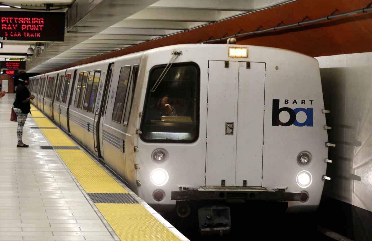 A Bay Area Rapid Transit train is shown in this file photo.